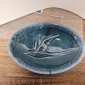 Vintage 1977 Bermuda Pottery Blue Glazed Dish with Embossed Bird in Flight